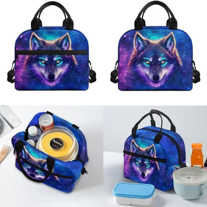 Galaxy Wolf Backpack for Girls Kids Backpack with Lunch Box Water Bottle Pouch and Soft Pencil Case 4PCS Set Cute Bookbag with Front Pocket 17" Large School Bag for Graduation Season Gift - color: Cool Galaxy Wolf
