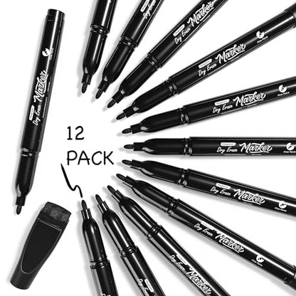 Scribbledo 12 Pack Magnetic Dry Erase Markers Black Fine Tip Whiteboard Markers with Eraser Cap Thin Low Odor Skinny White Board Markers for Adults Students Teachers Art Home School & Office - style: 12 Pack