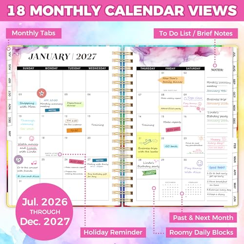 Academic Planner 2026-2027, 18 Months Weekly & Monthly Calendar Planner | July 2026 - Dec 2027, 9" x 11.6" A4 Size, Hardcover Daily Agenda with Tabs, Inner Pocket, Bookmark, Stickers, Sticky Note Set - color: Rainbow Rose, size: A4