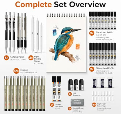 Nicpro 52PCS Art Drawing Supplies Kit, Metal Mechanical Pencil Set 0.5, 0.7, 0.9 & 2mm, 9x12 Sketch Book, 12 Fineliner Pens, 20 Tubes Leads, School Supplies Drawing Kit for Artist Adults Sketching - size: 52