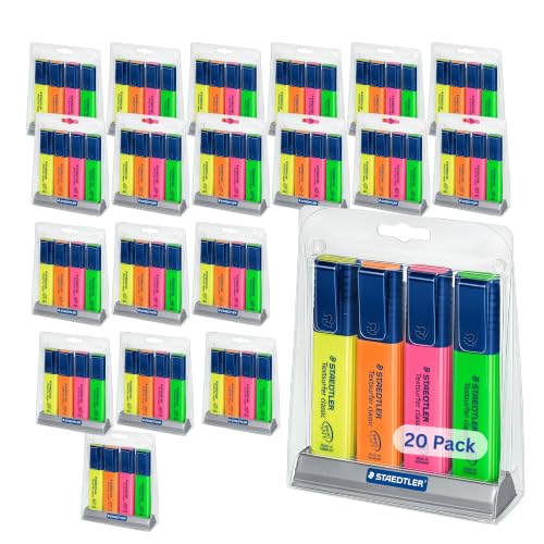 STAEDTLER Textsurfer Classic Highlighter Pens 20-Pack Rainbow Set – 4 Assorted Vibrant Colors per set, 80 total count - Ultra-Soft Chisel Tip, Fast-Drying Ink, Large Reservoir for Extended Use