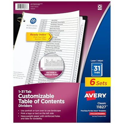 Avery 1-31 Dividers for 3 Ring Binders, 31 Tabs per Set, Customizable Table of Contents, Classic White Tabs, Great for Organizing Reports, Projects, and More (6 Sets of 11827) - size: One Size, style: 6 Set