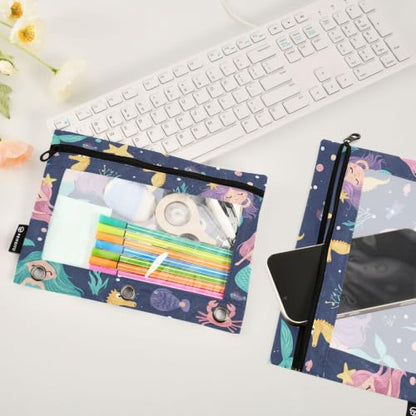 Gredecor 3 Ring Binder Pencil Pouch, Cute Mermaids Seaweed Fishes-1 Zippered Pen Case Pouches with Clear Window, 2 Pack Stylish Office & School Supplie - color: Cute Mermaids Seaweed Fishes-1