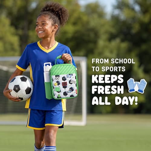 Fit & Fresh Customizable Charm Lunch Bag for Boys & Girls, Soccer Kids Lunch Box with 6 Sports Charms, Premium Insulated Reusable Lunch Tote for School - color: Pitch Break Soccer