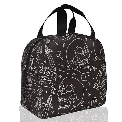 Insulated Lunch Bag,Skull Head With Rose Lunch Box for School Student Kids Boys Girls,Leakproof Small Lunch Tote for Adult Men Women,Reusable Lunch Cooler Tote Bag for Office Work Picnic - color: Skull Head With Rose