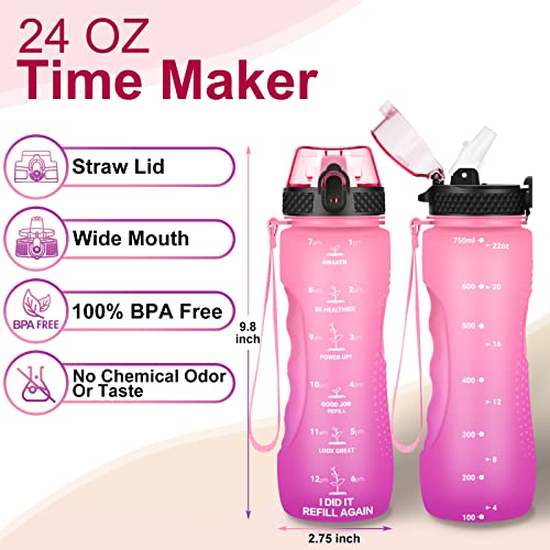 24 OZ Motivational Kids Water Bottle With Time Marker,Straw Lid,Leak Proof, Tritan BPA Free Sports Water Bottle Pink Purple(1 Lid) - color: Pink Purple