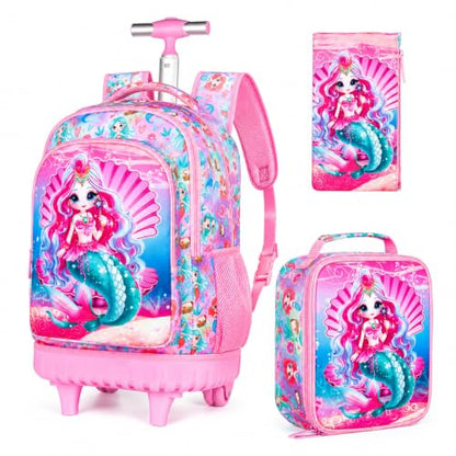 3PCS Kids Rolling Backpack, Boys Girls Roller Wheels Bookbag, Wheeled School Bag with Lunch Bag