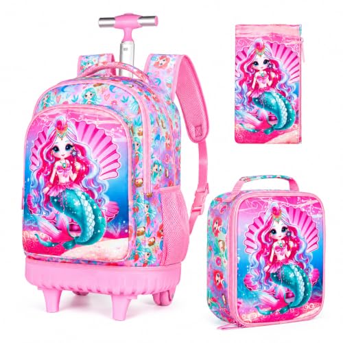 3PCS Kids Rolling Backpack, Boys Girls Roller Wheels Bookbag, Wheeled School Bag with Lunch Bag