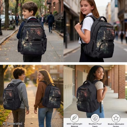 American Flag Wolf Backpack for Girls Kids Backpack with Lunch Box for Boys Set of 4 School Backpacks Matching Combo Back to School Gifts and Pencil Case Pouch for Teens Children Ages 6-12 - color: American Flag Wolf
