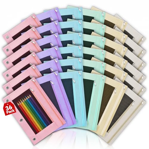 Lanpn 36 Pcs Pencil Pouch for 3 Ring Binder, 2 Pocket Zipper Binder Pouch Bulk, Pastel Binders Pencil Case, School Supplies for Boy Girl Student, Reinforced Grommets, Clear Window, Micro Mesh - color: 2 Pockets, size: 36 Pack