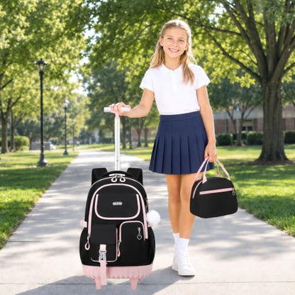 DIGOBAY Rolling Backpack for Girls, Girls Roller Backpack with Lunch Bag and Pencil Case, School Bookbag with Wheels for Elementary Middle High School Travel, Black Pink - color: Black and Pink
