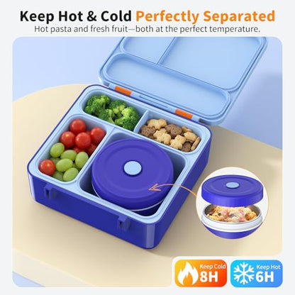 Bento Box for Kids, Lunch Box with Sticker and Leak-Proof Vacuum Food Jar, 4 Compartment BPA-Free Toddler Bento Box for School, Machine-Washable and Removable Compartments for Boy(Blue) - color: Blue