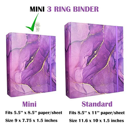 Mini Binders 5.5 x 8.5 Three Ring, Decorative Hardcover With Elastic Cord, 1 Inch Purple Marble Design, for School, Office, and Home Use, Playbill and Recipe Binder, 2 Pack