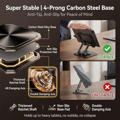 CTESNE【360°Rotation】iPad Stand for Desk【Foldable & Portable】【Carbon Steel Heavy-Duty Base】Adjustable Tablet Stand, Phone & Tablet Holder (Black)