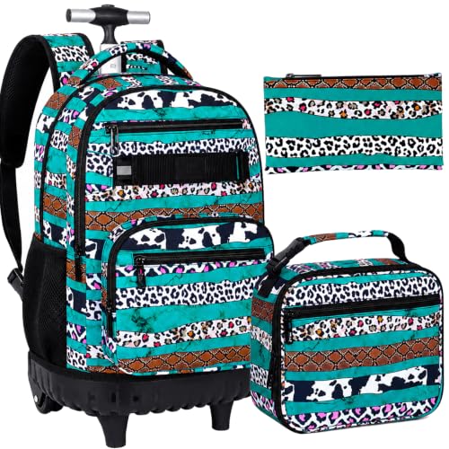 gxtvo Rolling School Backpack for Girls, Women Roller Bookbag with Lunch Box for Adults, Water Resistant Wheeled School Bag for College Teens Kids Travel - Leopard Print & Green Stripe - color: Leopard Print Green Stripe