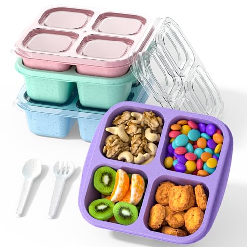 Bento Snack Containers(4 Pack), 4-Compartment Meal Prep Containers Reusable, Snackle Box Container for Kids and Adults,Divided Lunchable Container Food Storage Containers for School, Work, Travel - color: Green/Blue/Pk/Purple