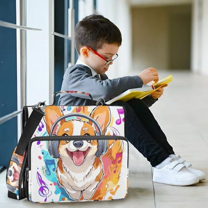 Cute Cartoon Corgi Music 3 Ring Zipper Binder with Shoulder Strap for School Office Organizer Storage