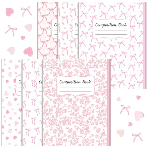 AmazingSpark 6 Pack Lefty Preppy Notebook Cute Bow Coquette Journal 7" x 9" College Wide Ruled 110 Pages Left Handed Aesthetic School Supplies Gifts for Teens Girls Women(Composition,Pink Bow) - color: Pink Bow, style: Composition