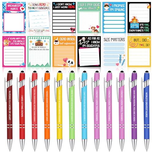 Geyee 24 Pcs Fun Nurse Sticky Notes with Funny Pens 3 x 4 Inch to Do List Notepads with Sayings Pen for Coworkers Nurse Teacher Employee Office Staff Work Team Appreciation Gifts - style: Fun Nurse