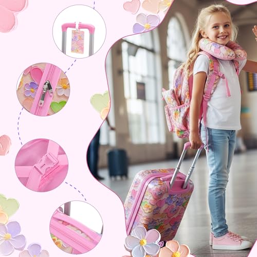16’’ Kid’s Luggage Set with Spinner Wheels, Hardside with Suitcases,6 Piece | Carry on Luggage, Travel Rolling Luggage Airline Approved Suitcase Set with Spinner Wheels Girls Boys - color: Flower