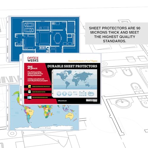 11x17 Sheet Protectors, 25 Pack, Heavyweight, Clear Page Protectors | Side Loading, Landscape, Ledger Size, 3 Hole Punched for 3 Ring Binder, Acid-Free Archival Safe Polypropylene Sleeves
