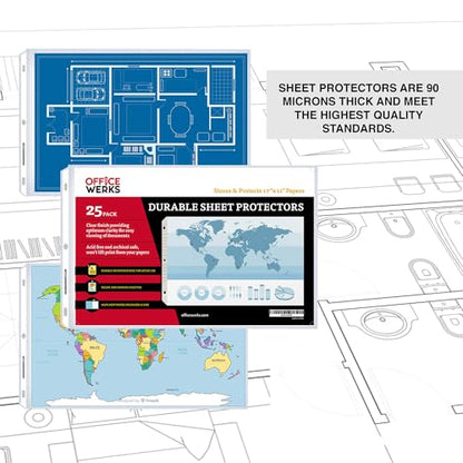 11x17 Sheet Protectors, 25 Pack, Heavyweight, Clear Page Protectors | Side Loading, Landscape, Ledger Size, 3 Hole Punched for 3 Ring Binder, Acid-Free Archival Safe Polypropylene Sleeves