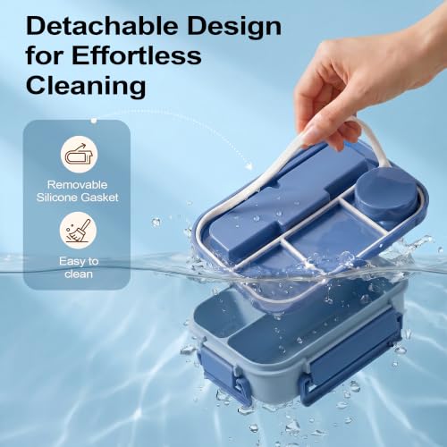 Bento Box Adult Lunch Box, Lunch Containers for Adults 44.5 Oz/5 Cup, Blue | BPA-Free, Lid-Top Sauce Tray, Leak-Proof, 1300mL, Removable Silicone Sealing Ring, Lid-Top Utensil Slot with Included Cutlery - color: Blue