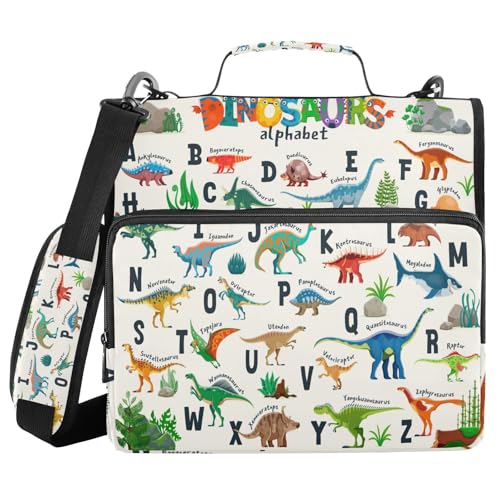 Personalized Dinosaur Alphabet 3 D-Ring Binder Bag Multi-Pocket Zipper Organizer with Handle and Detachable Shoulder Strap Holds 500 Sheets for School Office Supplies - color: Dhb-009