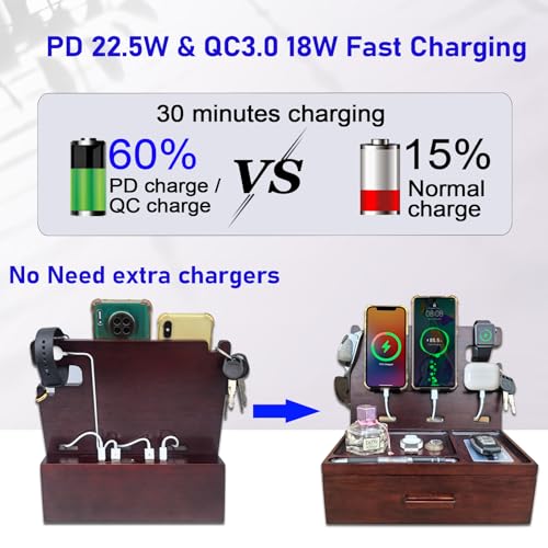 Nightstand Organizer with Drawer Built in 4 USB Charger, Wood Phone Docking Station with Dual Phone Charging Station for Apple Android Phones Anniversary Birthday Gifts for Men Dad Hunsband Mom
