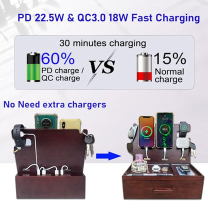 Nightstand Organizer with Drawer Built in 4 USB Charger, Wood Phone Docking Station with Dual Phone Charging Station for Apple Android Phones Anniversary Birthday Gifts for Men Dad Hunsband Mom