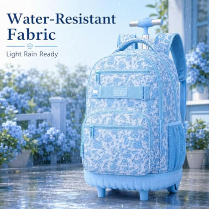gxtvo Girls Backpack with Wheels, Women Roller Bookbag with Lunch Box for Adults, Water Resistant Wheeled School Bag for College Teens Kids Travel - Blue Flower - color: Girls Rolling Backpack Blue Flower