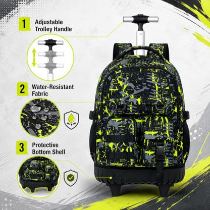 CCJPX 3Pcs Rolling Backpack for Boys, Roller Wheeled School Bookbag, Graffiti Wheels Backpacks with Lunch Box for Kids (Green) - color: Graffiti Green