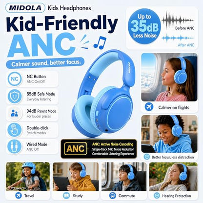 MIDOLA Kids Wireless Headphones Active Noise Cancelling Lightweight Bluetooth Headphone for Kid,Volume Limited 85/94dB Foldable Over-Ear Headset with Mic,68 Hours Playtime,for Toddler Child Blue - color: Blue