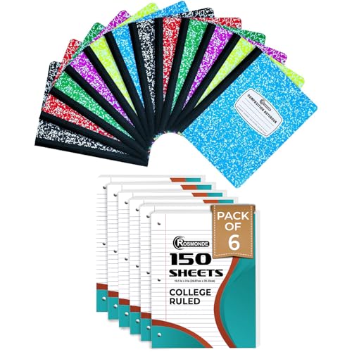Rosmonde College Ruled Combo, Loose Leaf Paper, 450 Sheets, 6 Pack, 3 Hole Punched & Composition Notebooks 5 Pack, 200 Pages (100 Sheets), Assorted Marble, Hard Cover, School, College & Office