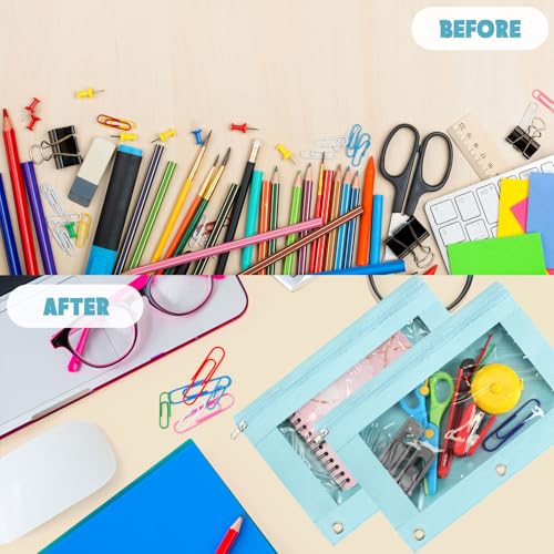 Marspark 30 Packs Pencil Pouch 3 Ring Binder Pen Pouch Cloth Pencil Pouches Zipper Pen Case Bag with Clear Window for School Office Writing Supplies Gifts(Sky Blue) - color: Sky Blue