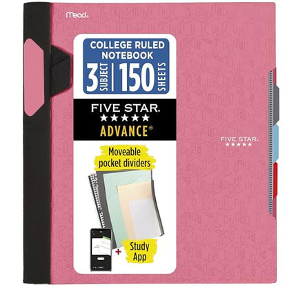 Five Star Advance Spiral Notebook + Study App, 3 Subject, 8.5" x 11" College Ruled Paper, 150 Sheets, Spiral Guard, Movable Tabbed Dividers, Prom Pink (820060R) - color: Prom Pink, size: Pack of 1
