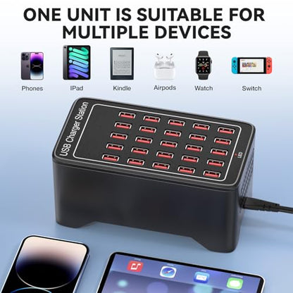 Charging Station for Multiple Devices,125W 25 Ports Multi USB Charger Stations for iPhone, Cell Phone, iPad, Tablet, Apple Watch and Other Electronic, Multiple USB Power Charging Dock for Home Family