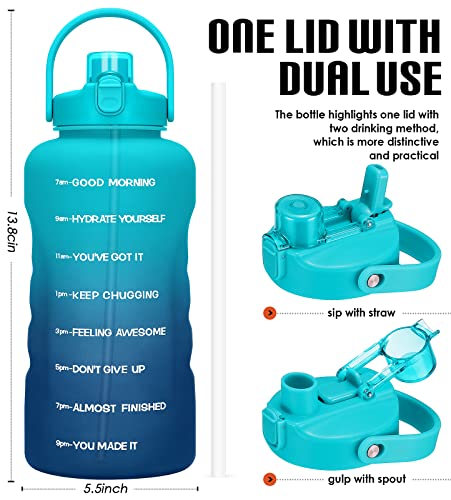 HydroPal 1 Gallon Water Bottles with Straw, 128 oz Water Bottle BPA Free Innovative 2-IN-1 Lid Gym Bottle with Times to Drink Motivational, Large for Sports Fitness Camping Water Jug （13.8X5.5 inch） - color: Azure Crystal