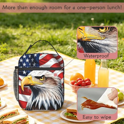Insulated American Flag Eagle Lunch Bag, Reusable Cooler Tote with Handle | Portable lunch bag with insulated lining, side mesh pocket and spacious design for school, office, picnic and outdoor use - color: American Flag Eagle