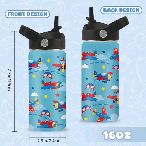 Hiboss Airplane Gifts for Boys, 16oz Kids Blue Water Bottle with Straw Lid, Stainless Steel Insulated Pilot Cup Tumbler, Aviation Lovers Birthday Gifts for School Sport Travel - color: Airplane