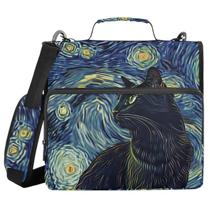 3 Ring Binder Zipper Binders Van Gogh Starry Sky Black Cat Expanding File Folder Bag with Shoulder Strap