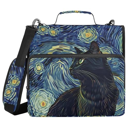 3 Ring Binder Zipper Binders Van Gogh Starry Sky Black Cat Expanding File Folder Bag with Shoulder Strap