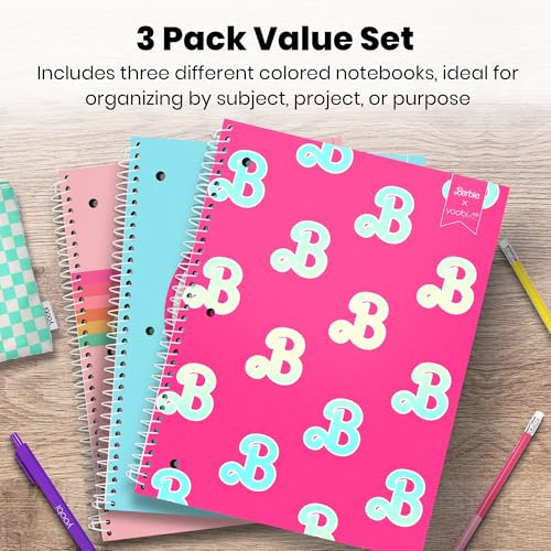 Yoobi Barbie X College Ruled Spiral Notebook Set – 3-Pack of 1 Subject Notebooks, Pink, Blue & Peach Barbie Designs – 100 Perforated 3-Hole Punched Sheets – 10.5” x 8” - color: Barbie - Spiral, size: Pack of 3