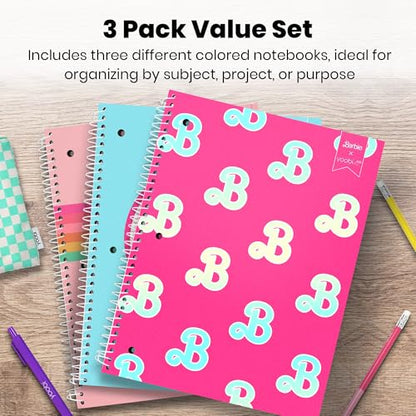 Yoobi Barbie X College Ruled Spiral Notebook Set – 3-Pack of 1 Subject Notebooks, Pink, Blue & Peach Barbie Designs – 100 Perforated 3-Hole Punched Sheets – 10.5” x 8” - color: Barbie - Spiral, size: Pack of 3