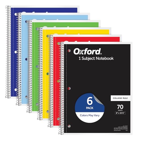 Oxford Spiral Notebook 6 Pack, 1 Subject, College Ruled Paper, 8 x 10-1/2 Inch, Color Assortment Design May Vary (65007) - size: College Rule - 6 Pack