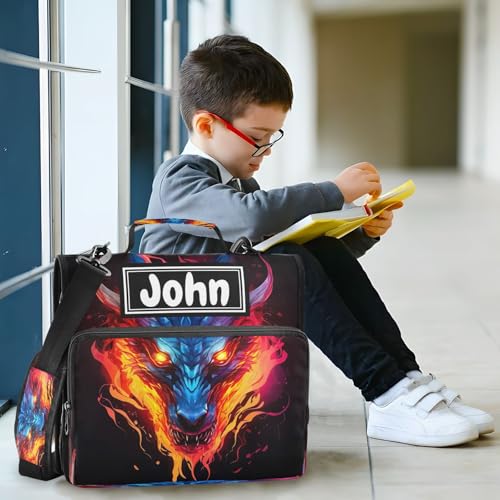 Dragon Fire Black Print Custom Zipper Binder Bag 3 Ring with Shoulder Strap & Handle Personalized Binder Bag Expandable File Folder for School - color: Multi-dragon Fire Black