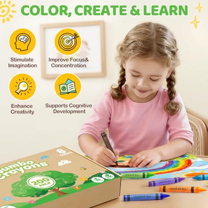 200 Count Jumbo Crayons Bulk Set, 8 Colors Washable Silky Crayons, Non-Toxic School Supplies & Art Supplies for Preschool Kindergarten Classrooms, Easter Basket Stuffers Party Favors Gifts for Kids 3+
