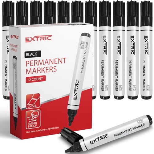 EXTRIC Permanent Markers Chisel Tip, Black, 12 Count, Quick Drying Ink, Works on Paper, Wood, Plastic, Metal and Glass, Great for Home, Office and School use - color: Black 12 Count