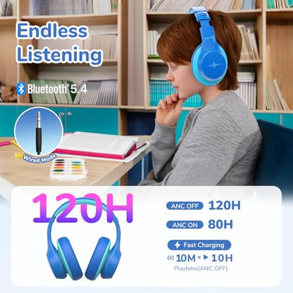 EarFun K4NC Active Noise Cancelling Headphones for Kids,120H Playtime Blue | 74/85/94dBA Volume Limited, Kids Bluetooth Headphones with Mic, Bluetooth 5.4 Stereo Sound Kid Headset for School/Home/Travel - color: Light Blue