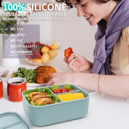 100% Silicone Bento Box Adult with 3 Compartments, 48oz, Reusable Divided Lunch Box Meal Prep Containers for Entree and Side Food Snack Storage, BPA-Free Plastic-Free, Microwave Dishwasher safe, Green - color: Green | 48oz | 3-Compartment
